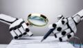 Illustration of robot with artificial intelligence (AI) writing and checking a document.
