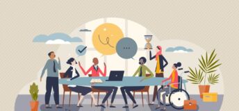 Photo illustration of a diverse corporate workplace.