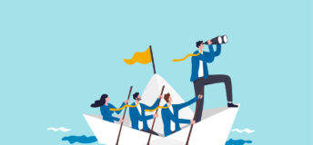 Leadership to lead business in crisis, teamwork or support to achieve target, vision or forward strategy for success concept, businessman leader with binoculars lead business team sailing origami ship