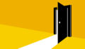 Illustration of an open door against a yellow background