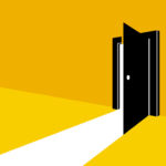 Illustration of an open door against a yellow background