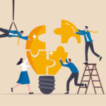 Team building, team collaboration for business idea, teamwork to solve problem, strategy plan to work together for success concept, businessmen and businesswomen team up to solve lightbulb jigsaw.