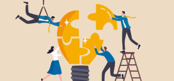 Team building, team collaboration for business idea, teamwork to solve problem, strategy plan to work together for success concept, businessmen and businesswomen team up to solve lightbulb jigsaw.