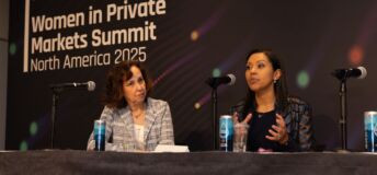 Lori Hall-Kimm (right), head of global private equity, Healthcare of Ontario Pension Plan (HOOPP), speaks at the Women in Private Equity Forum in New York on May 13, 2025.