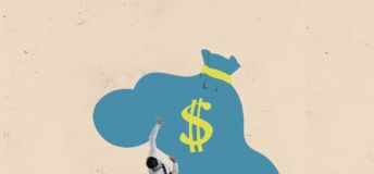 High pricing has weighed on climate VC returns, research says Businessman burdened by a blue sack of money