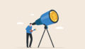 Illustration of a businessperson looking into a telescope. There is a gold coin at the end of the telescope