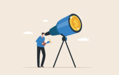 Tender offers: a $300bn liquidity opportunity? Illustration of a businessperson looking into a telescope. There is a gold coin at the end of the telescope