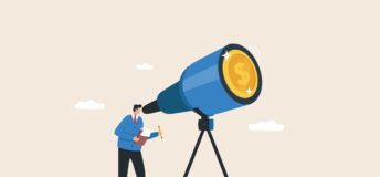 Illustration of a businessperson looking into a telescope. There is a gold coin at the end of the telescope