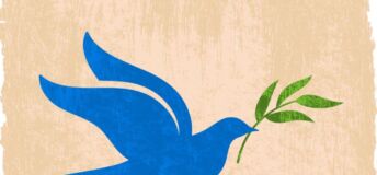 Illustration of dove holding olive branch, representing peace.