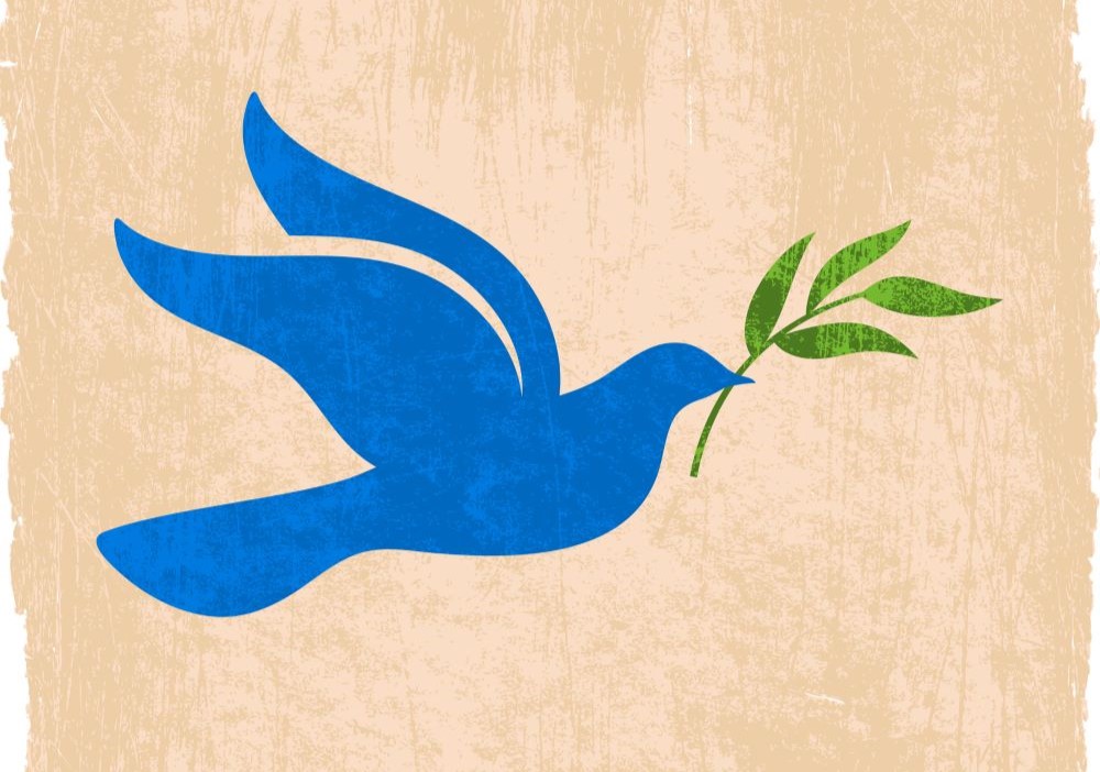 Illustration of dove holding olive branch, representing peace.