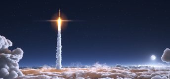 Photo illustration of rocket in space.