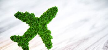 Illustration of the concept of sustainable aviation fuel.