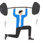 Illustration of business person lifting heavy weights.