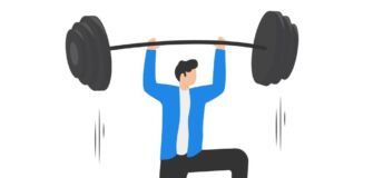 Illustration of business person lifting heavy weights.